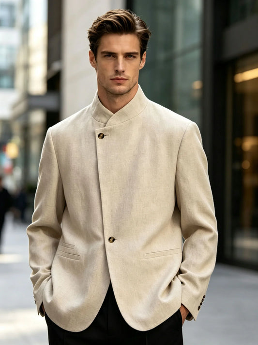  Mandarin Collar Men‘s Blazer Linen Blend Chinese Stand Collar Men Jacket Asymmetric Button Breathable Men Coat Wedding Party