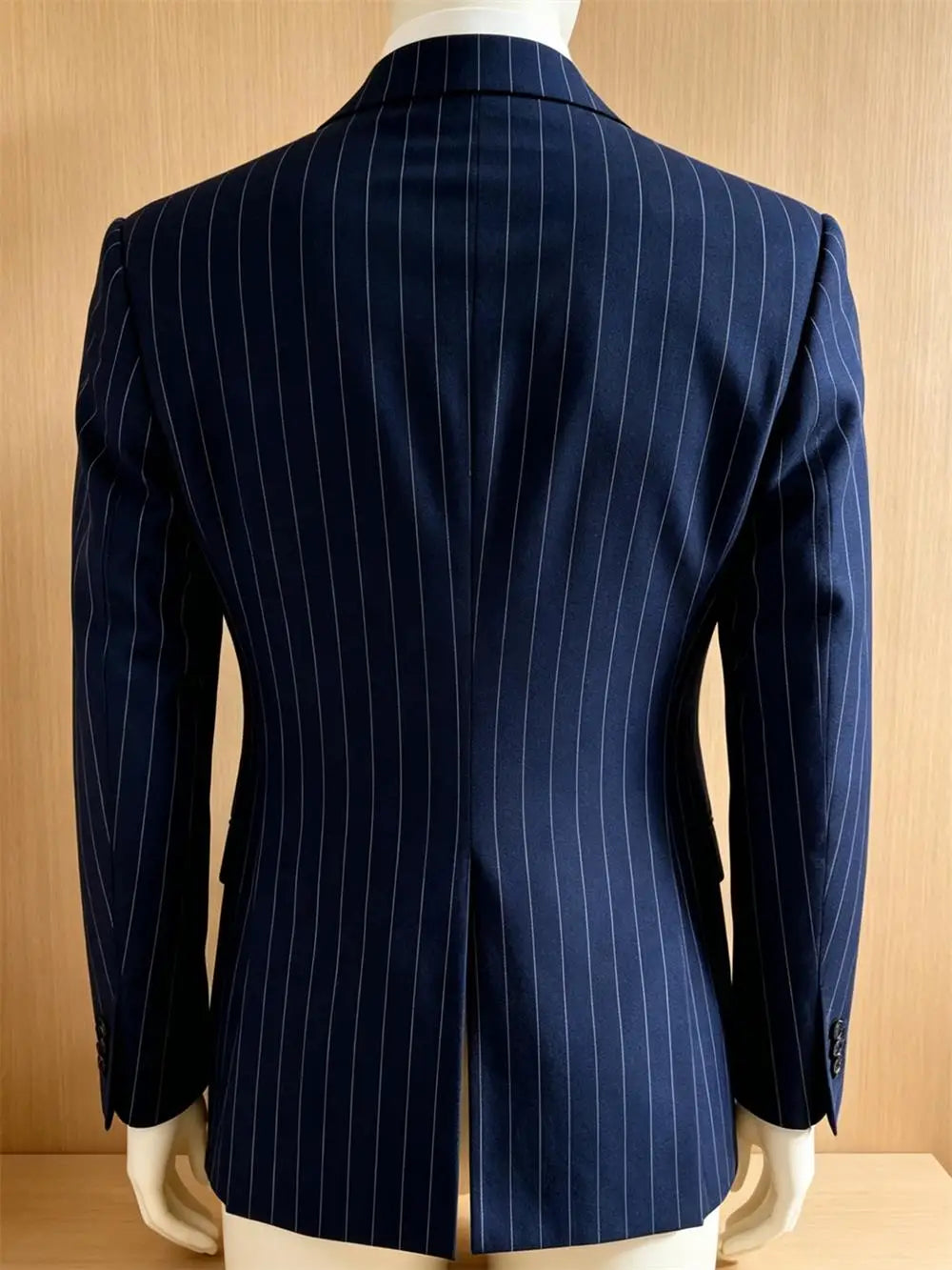 Navy Blue Striped Pattern Business Suit Jacket Double Breasted Slim Fit Blazer Casual Formal Attire Office Groom's Wedding Dress