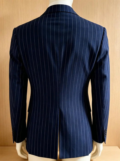 Navy Blue Striped Pattern Business Suit Jacket Double Breasted Slim Fit Blazer Casual Formal Attire Office Groom's Wedding Dress