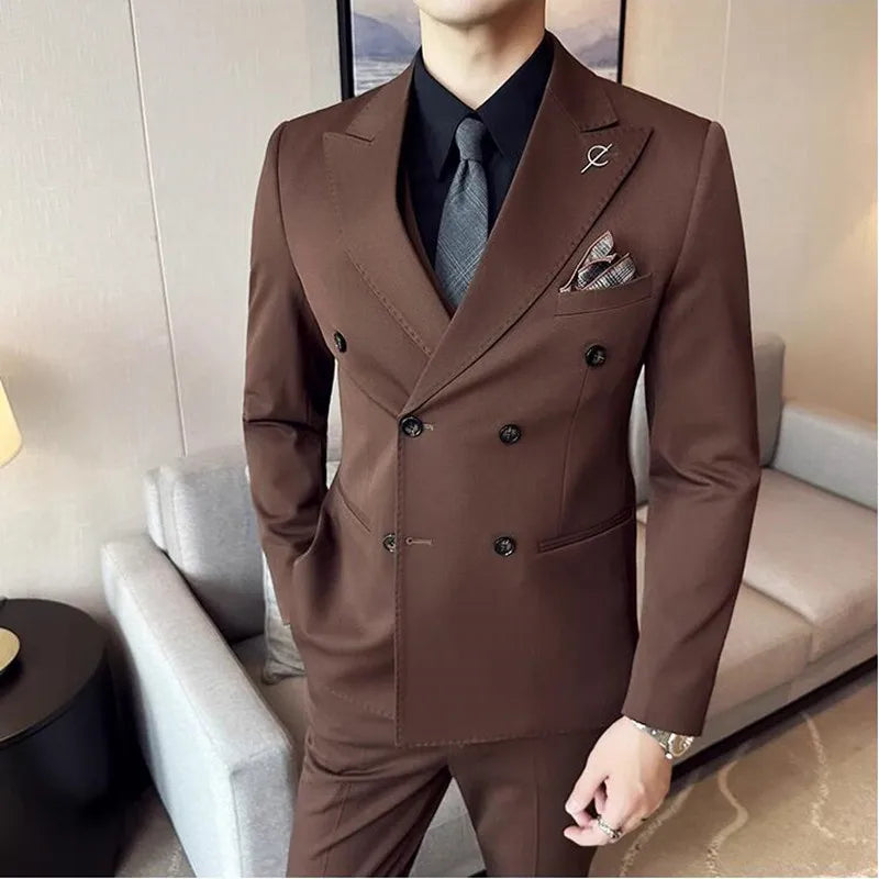 (Jackets +Pants ) Men's Suits 2 Piece High-Quality Double Breasted Lapel Solid Business Groom Wedding Tuxedo Banquet Clothing