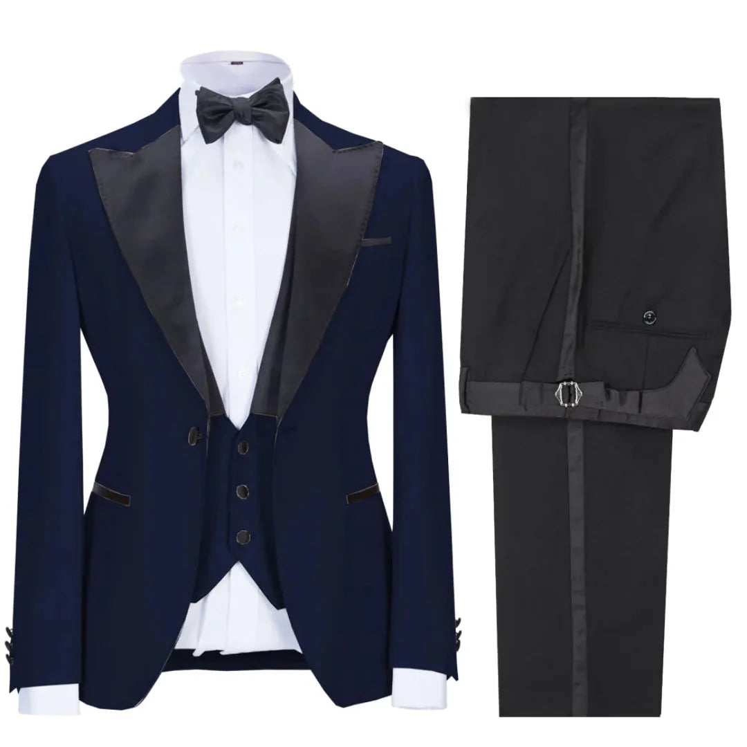Men Suit 3 Pieces Beige With Black Lapel Single Button For Wedding Business Banquet Party Office Daily Work Jacket Vest Pants