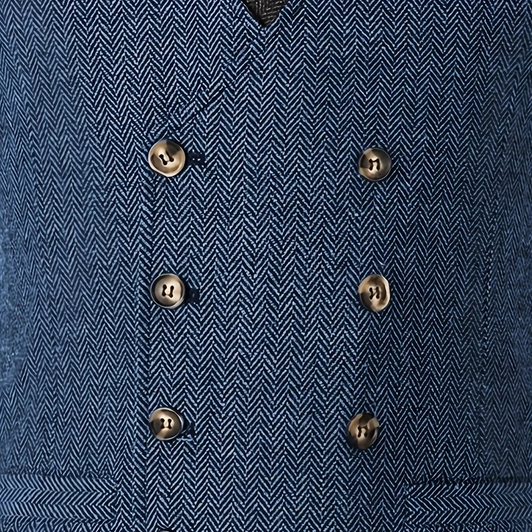 Men Vest Champagne Herringbone Double Breasted V-Neck Waistcoat for Wedding & Business