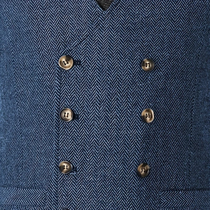 Men Vest Champagne Herringbone Double Breasted V-Neck Waistcoat for Wedding & Business