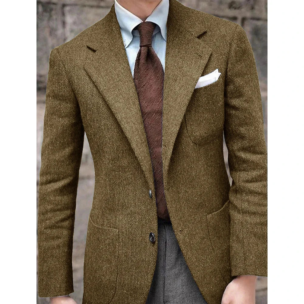 Men's Herringbone Suit Jacket Single-Breasted Slim Fit Casual Fashion Comfortable Elegant Blazer for Party Business Formal Wear