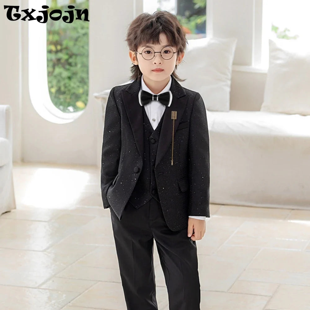 Glitter Exquisite Boys Suits 5 Pieces Stage Perfoemance Wear,Classic Smart Peak Lapel Suit Set Wedding Ring Bear Outfit In Stock