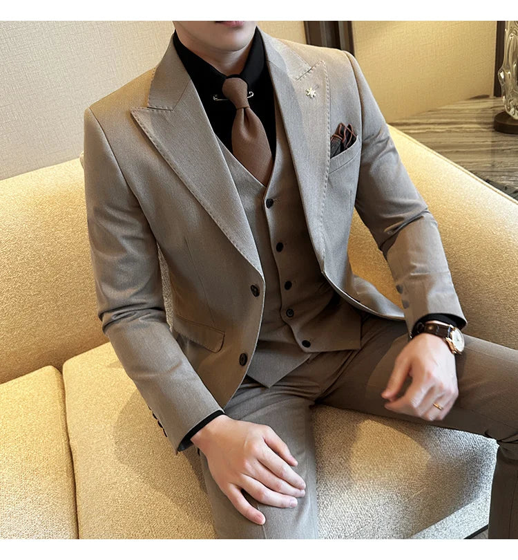 (Blazer + Vest + Trousers) 2024 New Men Formal Business Solid Suit 3 Pieces Set Italian Style Luxury Wedding Social Party Tuxedo