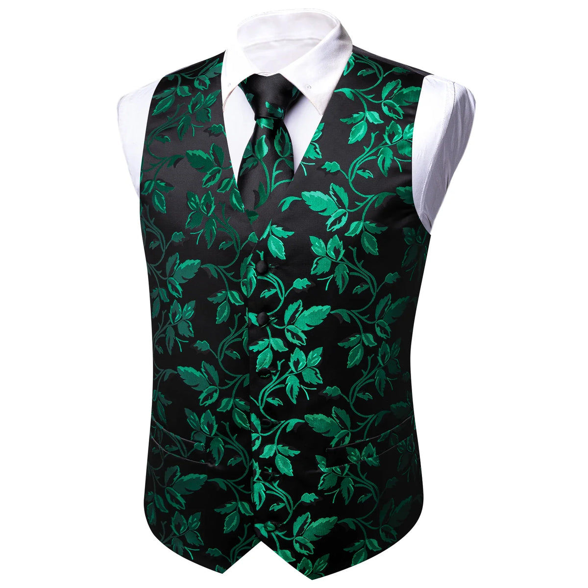 Vest Men Formal Green Floral Dobby Waistcoat Wedding Party Suit Set