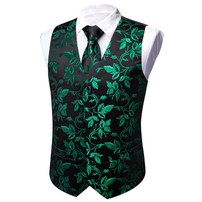 Vest Men Formal Green Floral Dobby Waistcoat Wedding Party Suit Set