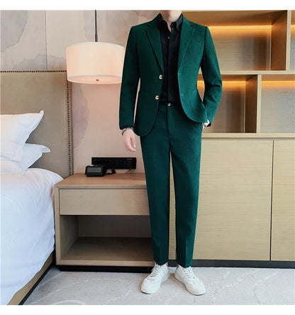 2025 New Waffle Blazers +Pant 2 Piece Set Men Fashion Business Slim Fit Solid Tuxedo Groom Wedding Prom Wear Casual Men's Sets