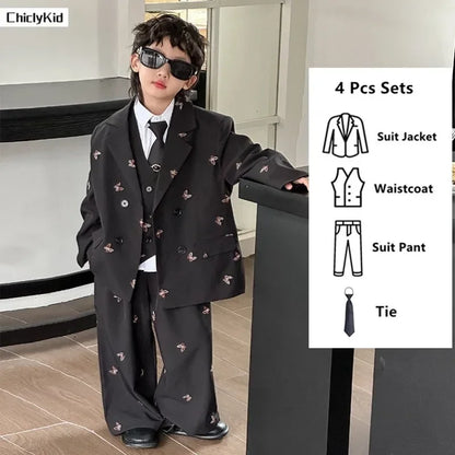 Boys Loose Blazer Jacket Waistcoat Pants Clothes Sets Kids Formal Dress  Suits Casual Child Toddler Party Butterfly Leisure Suit