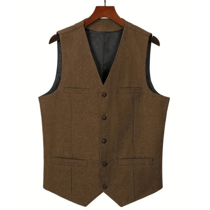 Men's Herringbone Suit Vest – V-Neck Single Button Waistcoat for Weddings, Business & Smart Casual Wear