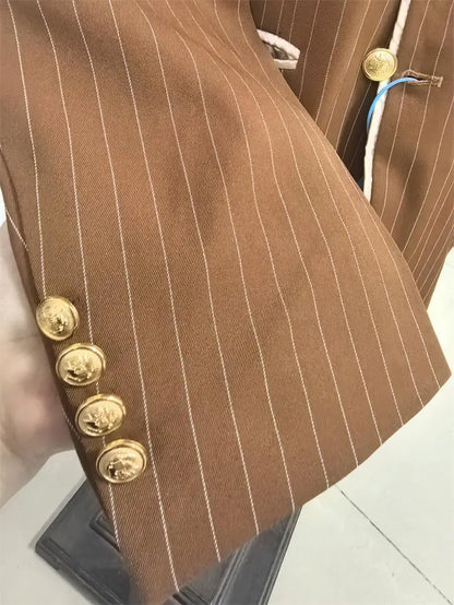 Business Fashion Suit Jacket Striped Suit Jacket with Double Row Metal Buckles Blue Blazer Striped Jacket Man Top Man Coat