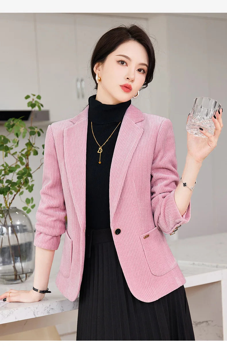 Autumn and Winter Blazer Women's Corduroy New Long Sleeve Professional Blazer Women's Coat Office Female Blazers Jacket Coat
