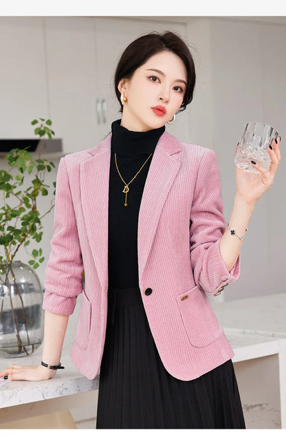 Autumn and Winter Blazer Women's Corduroy New Long Sleeve Professional Blazer Women's Coat Office Female Blazers Jacket Coat