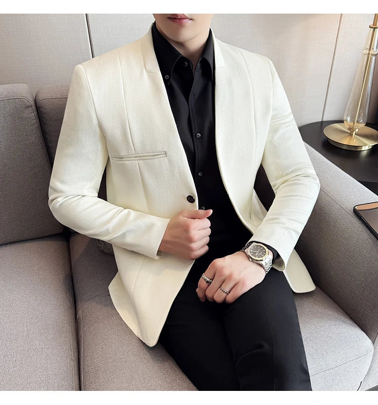Chinese Style Collarless Suit Jacket Men Fashion Slim Fit Versatile Blazers Male Casual Business Wedding Groom Dress Jacket 2025