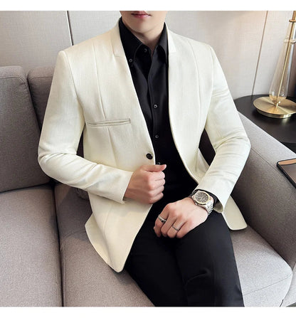 Chinese Style Collarless Suit Jacket Men Fashion Slim Fit Versatile Blazers Male Casual Business Wedding Groom Dress Jacket 2025