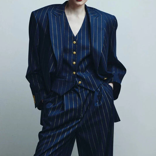 Boardroom-essential Women Suit Formal Striped Single-grain Buckle Peak-lapel Three Pieces (Jacket+Pants+Vest) Office Lady Set