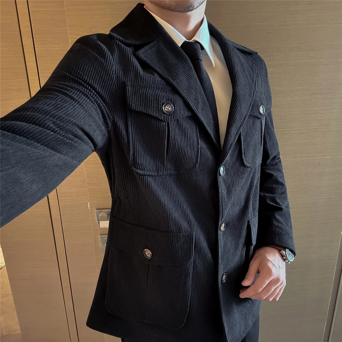 Autumn Winter Corduroy Medium Long Hunting Jacket Men's Fashion Thick Suit Jacket Casual Business Blazers Social Streetwear 2025