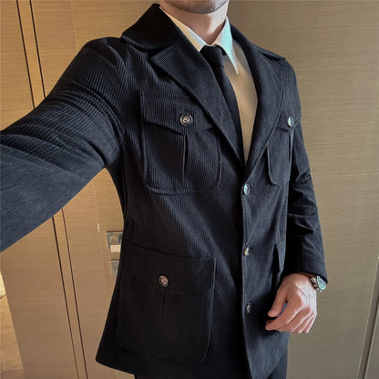 Autumn Winter Corduroy Medium Long Hunting Jacket Men's Fashion Thick Suit Jacket Casual Business Blazers Social Streetwear 2025