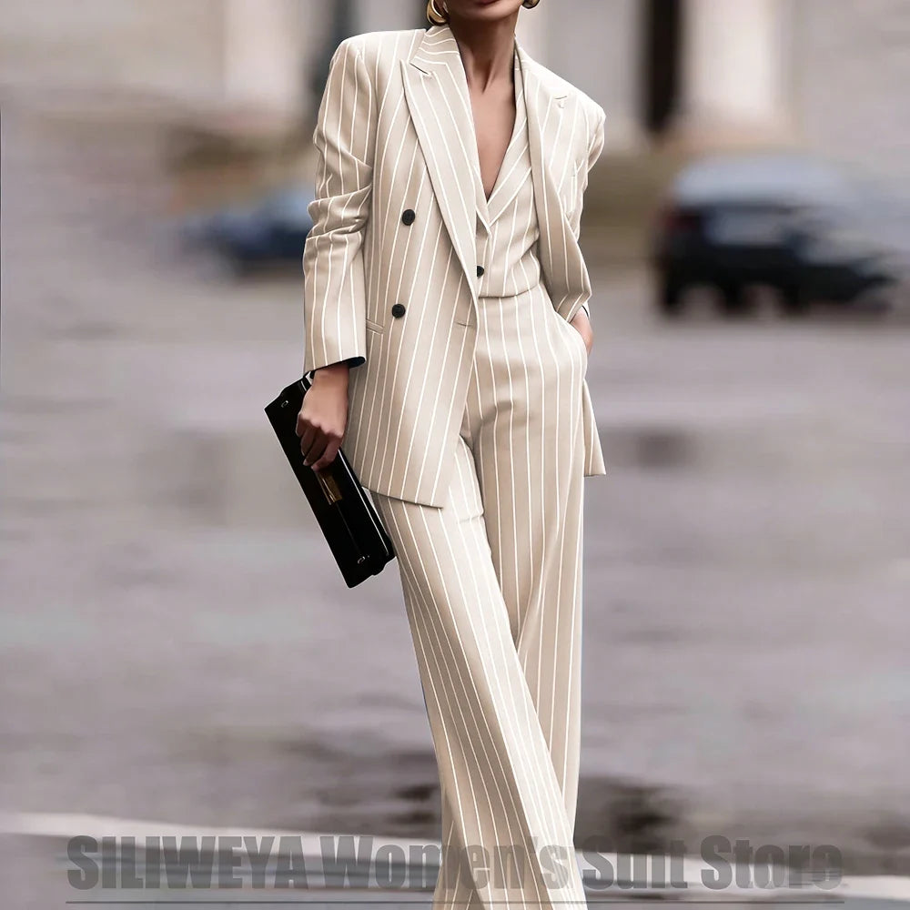 Navy Women's Striped 3 Piece Suit Double Breasted Blazer Vest Wide-Leg Pants Set Fashion Formal Party Office Casual Outfit