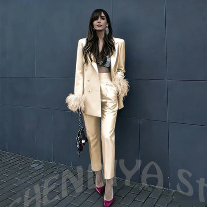 Fuchsia Satin Women's Suit Set Peak Lapel Shiny Glossy Blazer with Feather Elegant Luxury Outfit for Dinner Party Formal Event