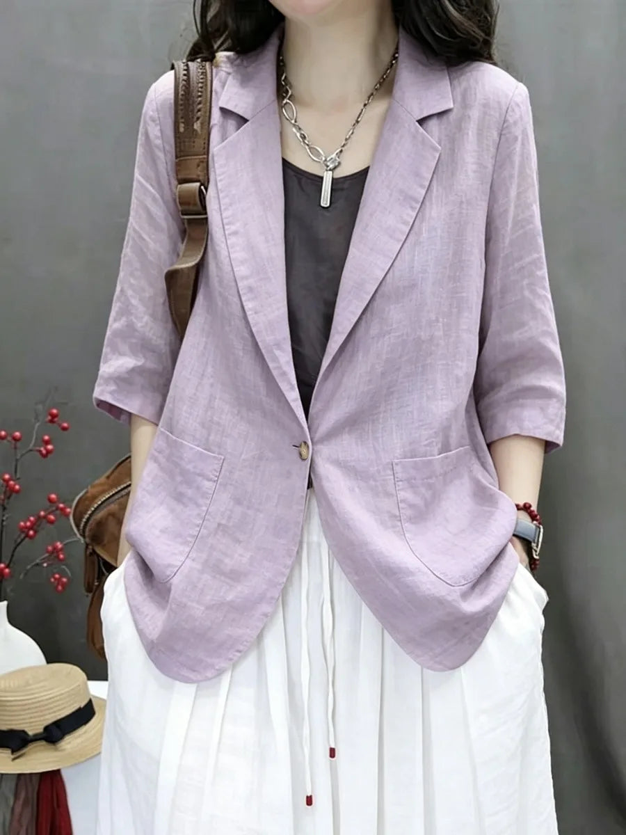 2026 New Summer Casual Cotton Linen Short Coat Women's Pure Color Suit Top Versatile Loose Fit Thin Material Seven Sleeve