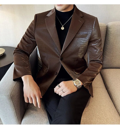 2026 Crocodile Patterned Leather Suit Jacket Men Slim Fit Business Casual Leather Jacket Wedding Groom Party Work Men Blazers