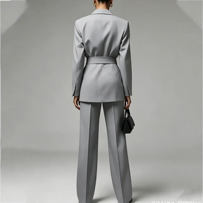 Elegant Grey Women Pant Suits Belted Wrap Notched Lapel Blazer Straight Fit Office Business Formal Party Professional Outfit