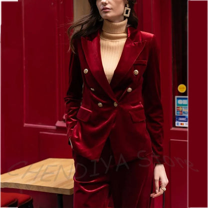 Customized Women's Suit Elegant Velvet Double Breasted Blazer Set Two Pieces Slim Fitted Peaked Lapel Daily Office Lady Wear