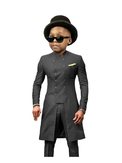 African Stand Collar Kids Long Suit Set 2 Pieces Wedding Guest Outfit Double Breasted Boys Formal Tuxedo Birthday Party Wear