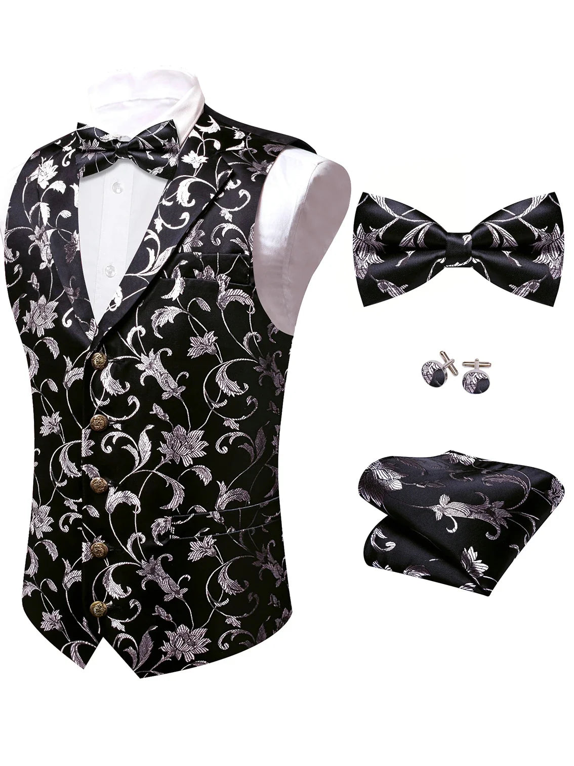 Men's Red Jacquard Floral Vest Notched Lapel Collar – Formal Waistcoat & Bowtie Set