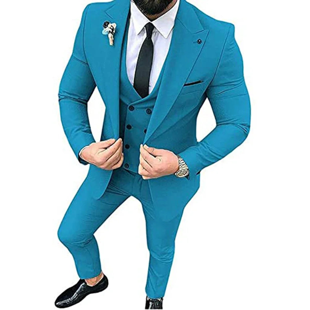 Beige Men's Suits Groom Tuxedos Slim Fit Business Casual Peak Lapel 3 Piece Suit Set Costume Homme (jacket+pants+vest)