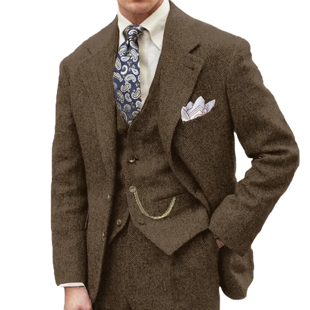 3 Piece Grey/Brown Mens Tweed Herringbone Wedding Suit Prom Tuxedos Peak Lapel Tweed for Business Slim Fit (Blazer+Vest+Pants)