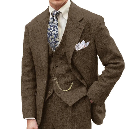 3 Piece Grey/Brown Mens Tweed Herringbone Wedding Suit Prom Tuxedos Peak Lapel Tweed for Business Slim Fit (Blazer+Vest+Pants)