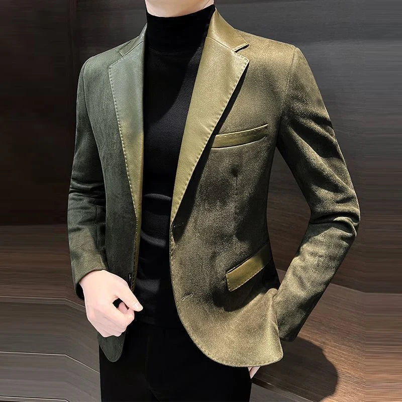 KIDWHXR Men Blazer Vintage Simple Solid Patchwork Male Suit Jacket Slim Single-breasted Long Sleeve Man Casual Outerwear