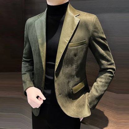 KIDWHXR Men Blazer Vintage Simple Solid Patchwork Male Suit Jacket Slim Single-breasted Long Sleeve Man Casual Outerwear