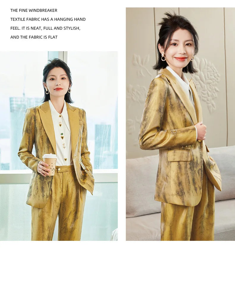 Women Golden Black Formal Pant Suit Autumn Female Tie-dye Blazer and Trouser 2 Piece Set For Office Ladies Winter Work Wear