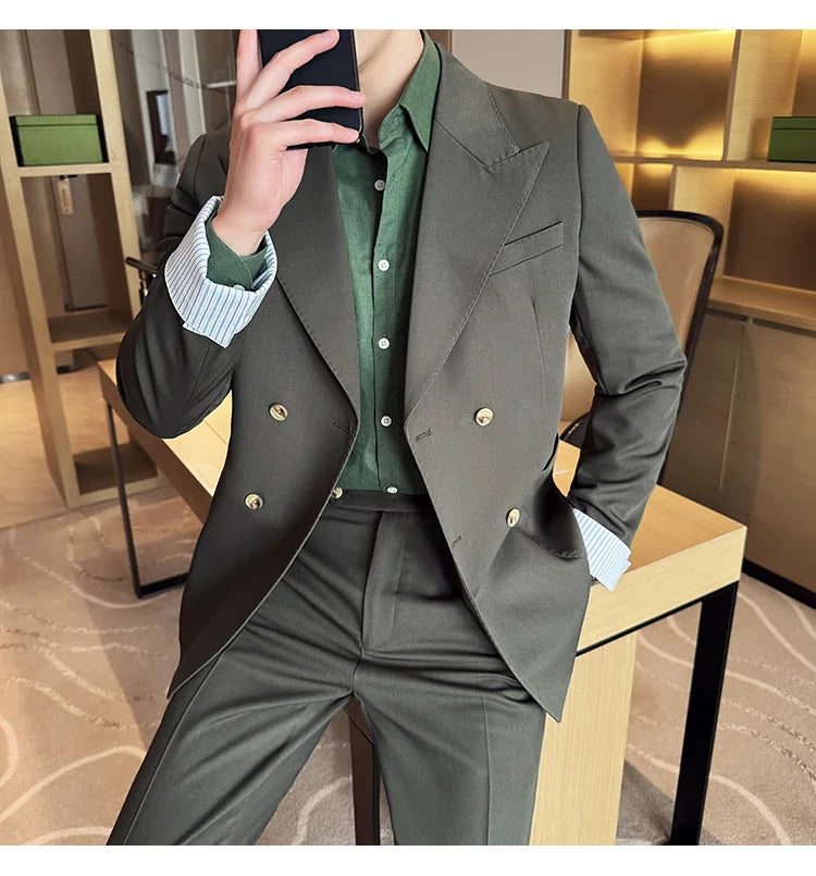 Korean Style Double Breasted Suit Jacket for Men Fashion Casual Business Suit Jackets Office Social Banquet Blazer Masculino