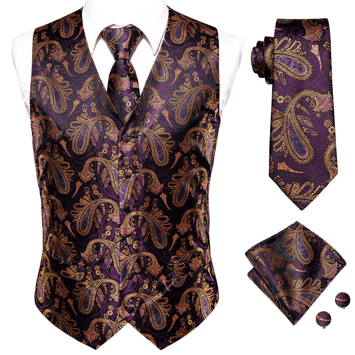 Men's Waistcoat Suit Set with Jacquard Floral Vest, Tie, Hanky & Cufflinks for Wedding and Business