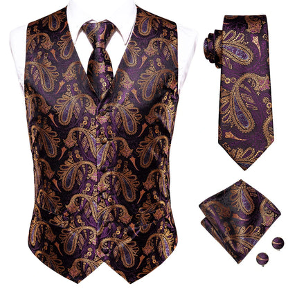 Men's Waistcoat Suit Set with Jacquard Floral Vest, Tie, Hanky & Cufflinks for Wedding and Business