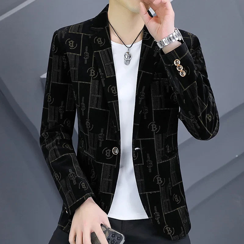Autumn Luxury Corduroy Suit Jacket for Men Letter Printed Casual Business Men Blazers Slim Fit Social Banquet Party Dress Coats