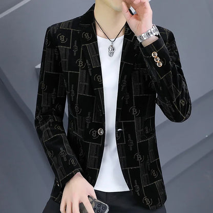 Autumn Luxury Corduroy Suit Jacket for Men Letter Printed Casual Business Men Blazers Slim Fit Social Banquet Party Dress Coats