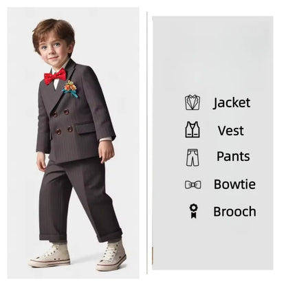 Flower Boys Wedding Outfit Kids Spring Autumn Jacket Vest Pants Bowtie Brooch 5Pieces Suit Set Children's Performance Costume