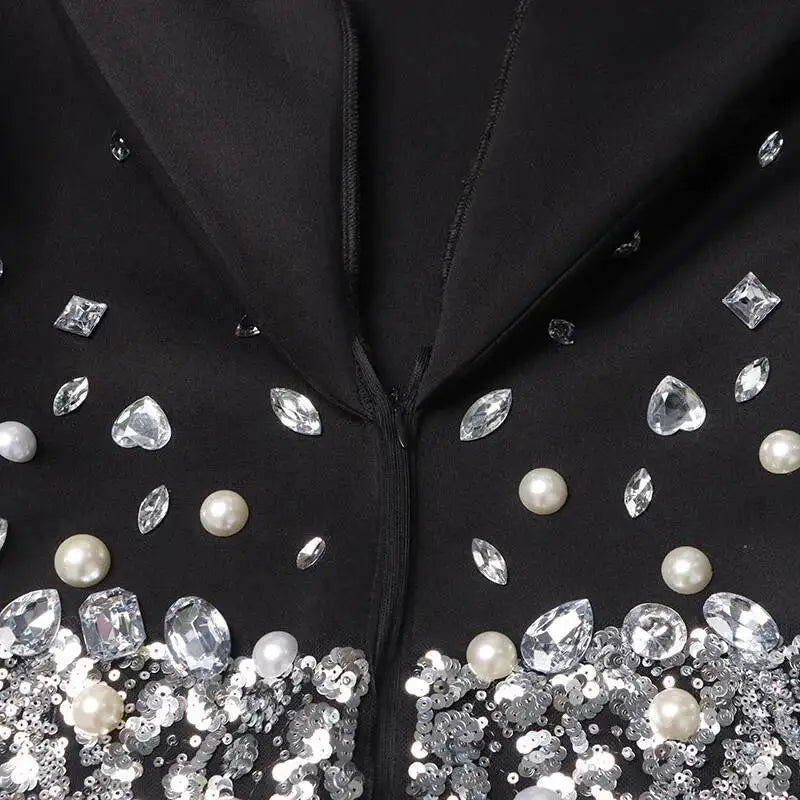 Sexy Socialite Style Blazer Dress 2025 Spring Autumn New Women's Turn-Down Collar Long Sleeve Sequin Diamond Jacket  HK8313