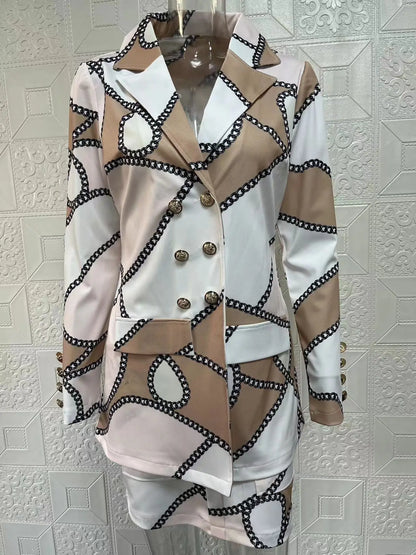 Fashionable Casual Print Long Sleeve Women's Suiting Skirt Ensemble Autumn Commute Wear Polyester Fabric Unisex O2O Sales