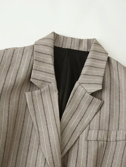 Women Khaki Striped Blazer Jacket Y2k 2000s Vintage Suit Coat European & American Elegant Fashion Belted Twill Blazer Outerwear