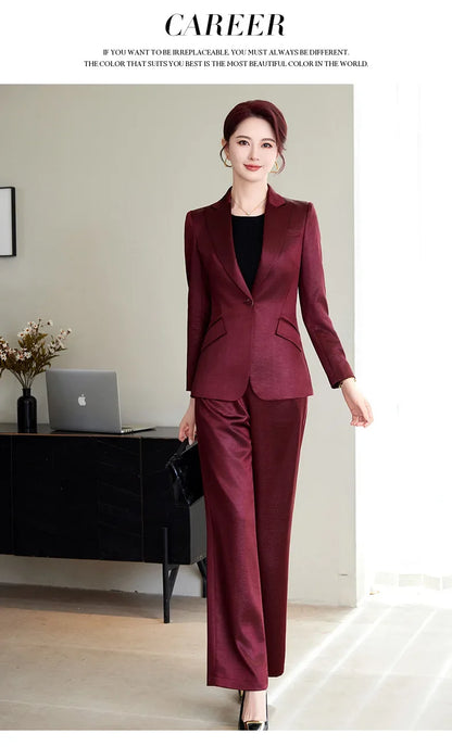 High Quality Women Purplish Red Pant Suit Female Solid Single Button Blazer and Trouser 2 Piece Set For Office Ladies Work Wear