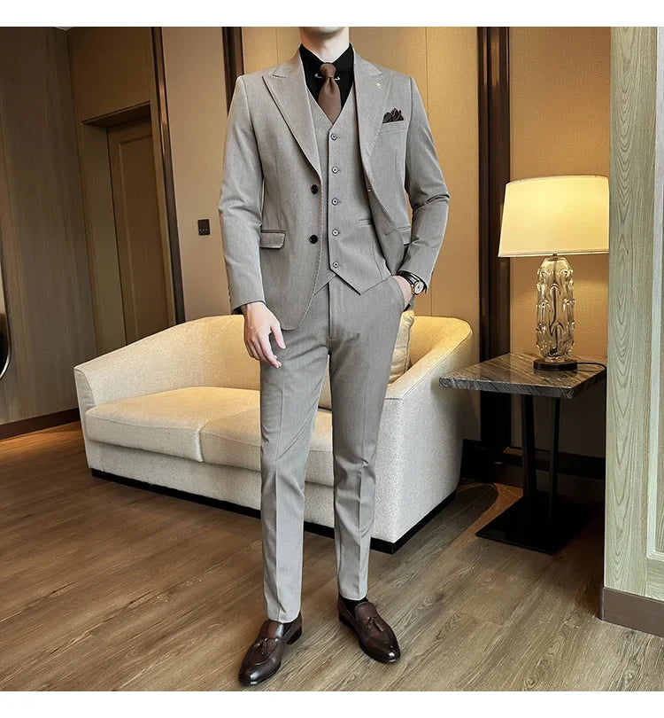 (Blazer + Vest + Trousers) 2024 New Men Formal Business Solid Suit 3 Pieces Set Italian Style Luxury Wedding Social Party Tuxedo