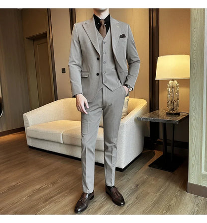 (Blazer + Vest + Trousers) 2024 New Men Formal Business Solid Suit 3 Pieces Set Italian Style Luxury Wedding Social Party Tuxedo