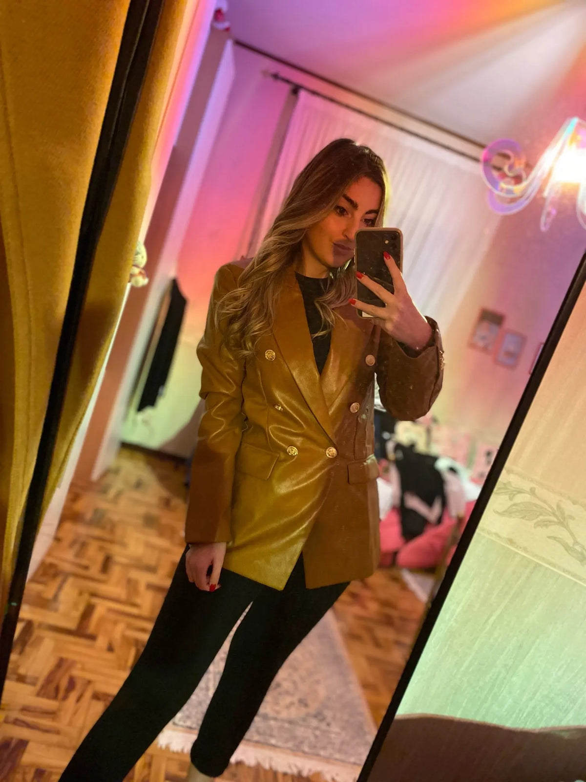 Women Fashion Notched Double Breasted PU Leather Blazers Coat Casual Straight Long Sleeve Back Vents Female Outerwear Chic Tops